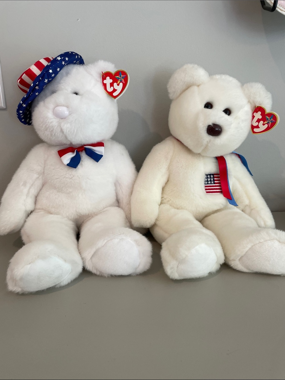 Ty White Patriotic Plush Bear Duo with Red, White & Blue Accents